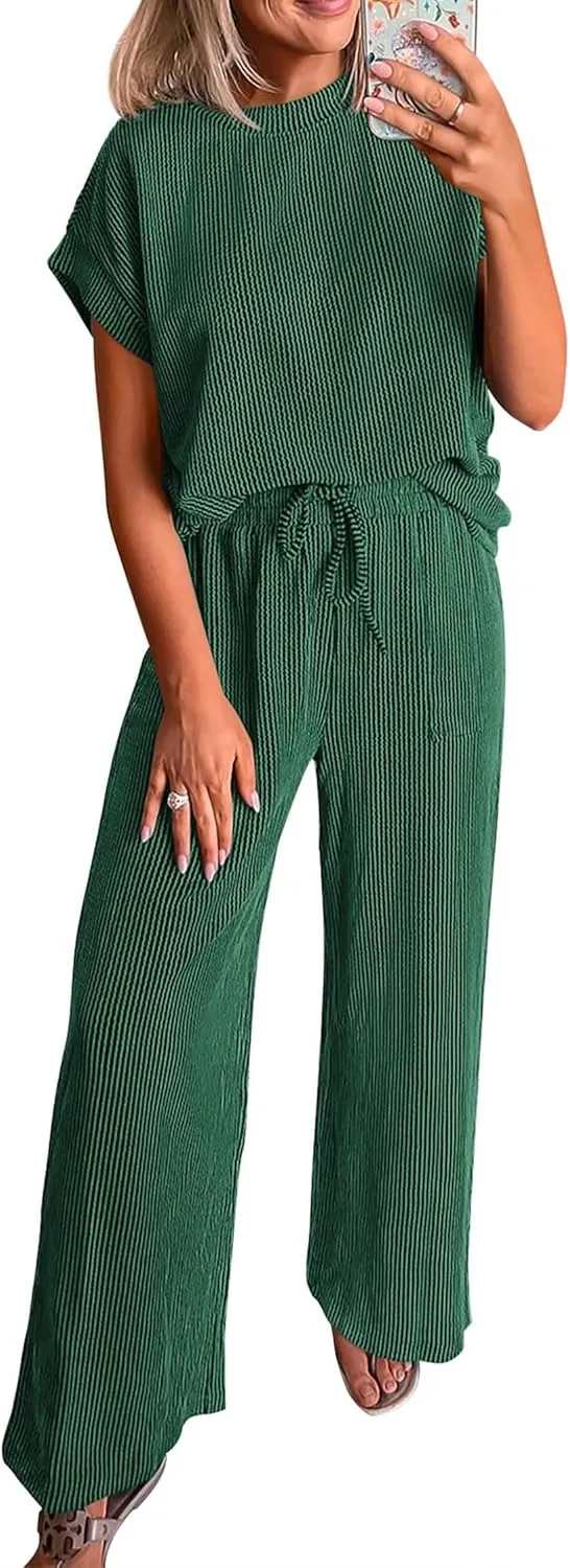 KIRUNDO Womens Summer 2 Piece Outfits Casual Ribbed Knit Short Sleeve Tops Wide Leg Pants Lounge Sets Tracksuit Sweatsuit