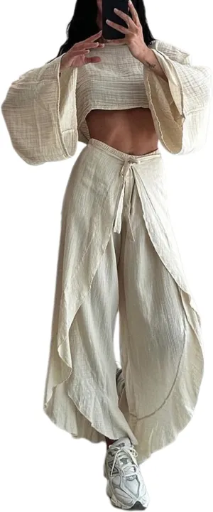 ksotutm Womens Loungewear Set Loose Long Sleeve Wide Leg Pants Outfits Linen Set for Women Casual