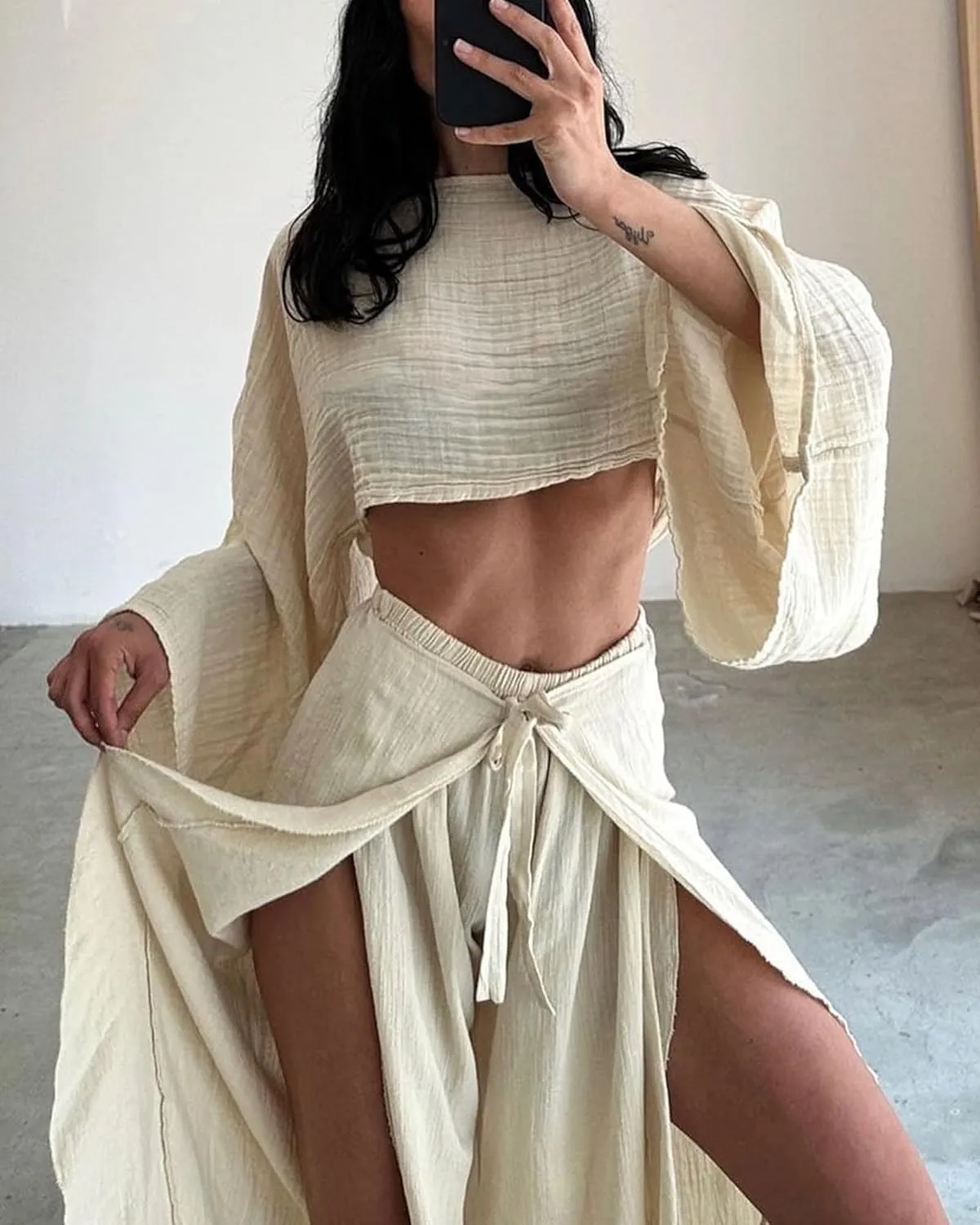 ksotutm Womens Loungewear Set Loose Long Sleeve Wide Leg Pants Outfits Linen Set for Women Casual