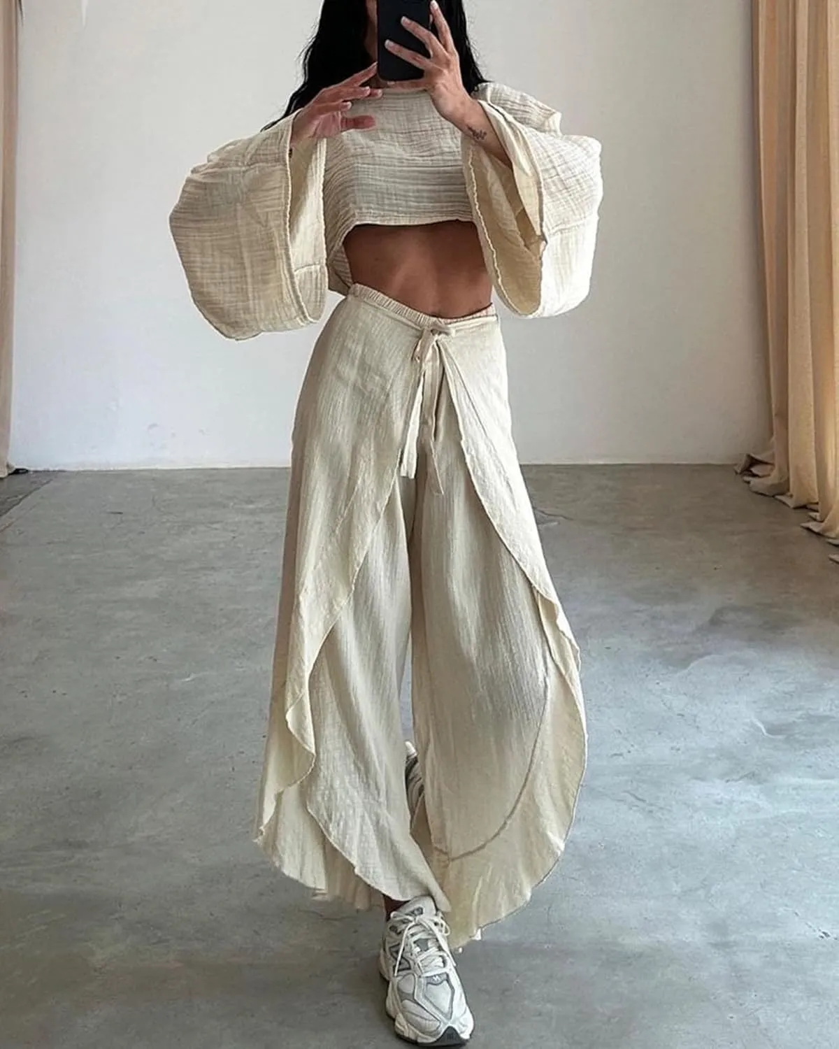 ksotutm Womens Loungewear Set Loose Long Sleeve Wide Leg Pants Outfits Linen Set for Women Casual