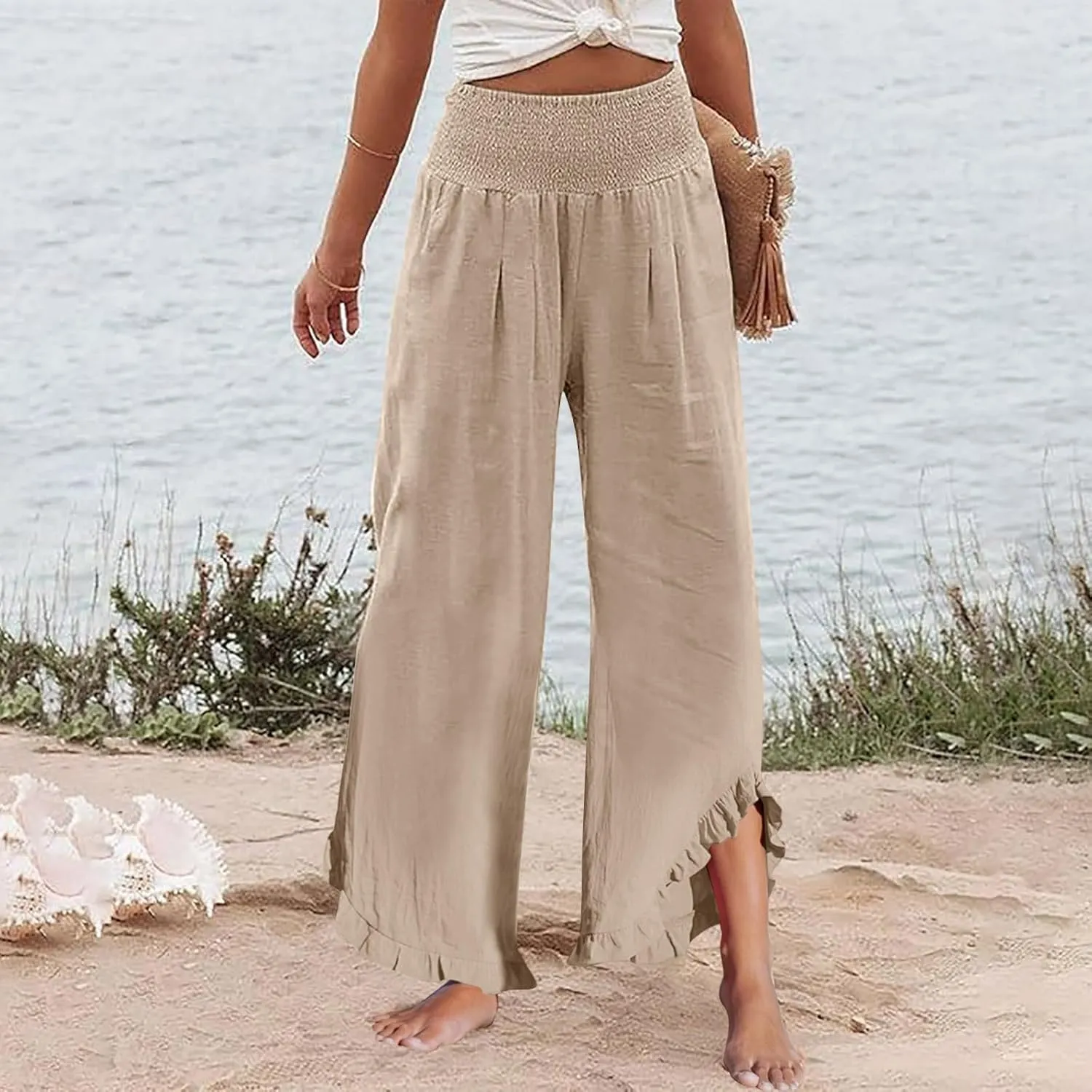 Linen Cotton Cargo Pants Slit Baggy Waist,Women's Sweatpants Casual, High Waisted Straight Leg Work