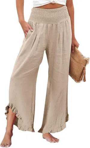 Linen Cotton Cargo Pants Slit Baggy Waist,Women's Sweatpants Casual, High Waisted Straight Leg Work