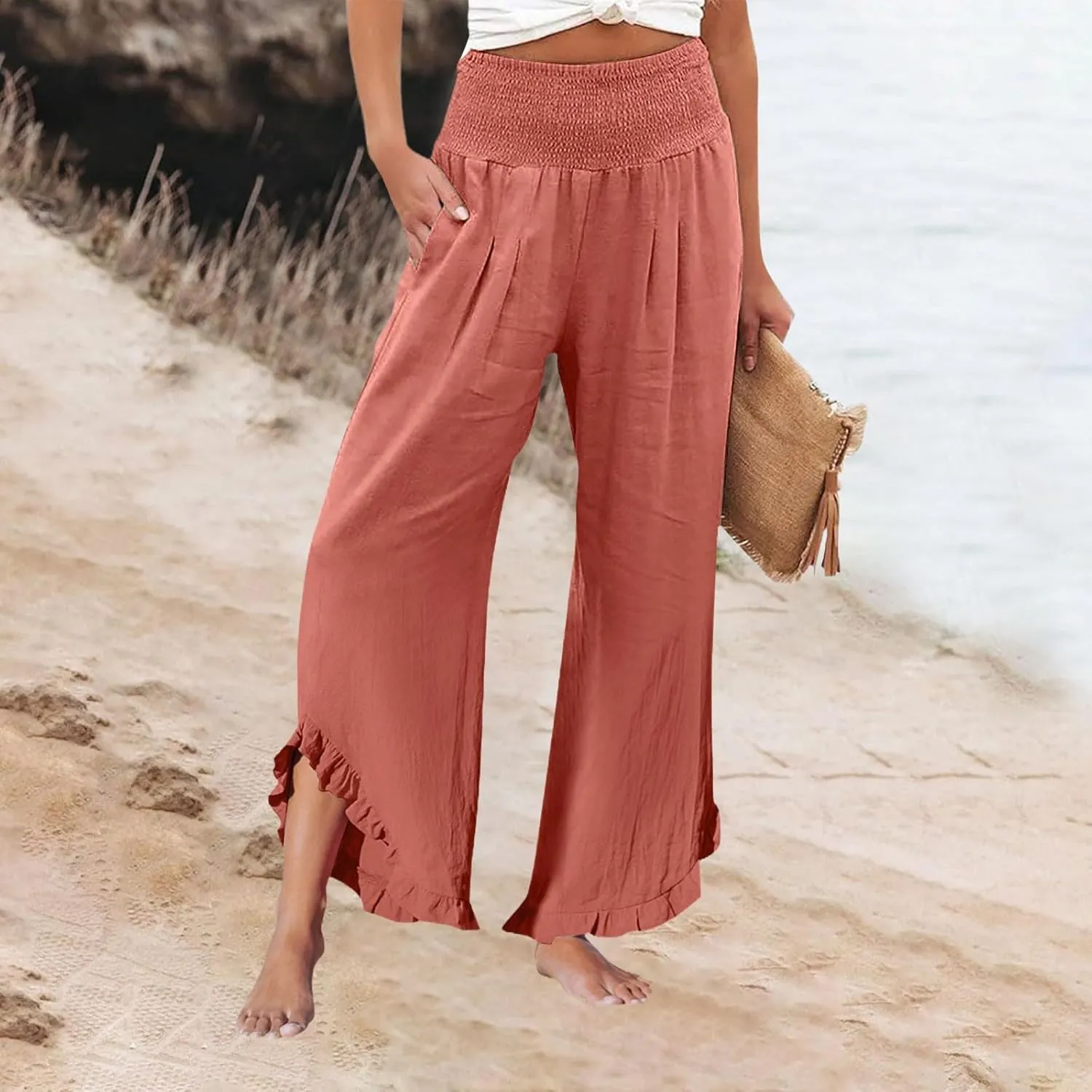 Linen Cotton Cargo Pants Slit Baggy Waist,Women's Sweatpants Casual, High Waisted Straight Leg Work