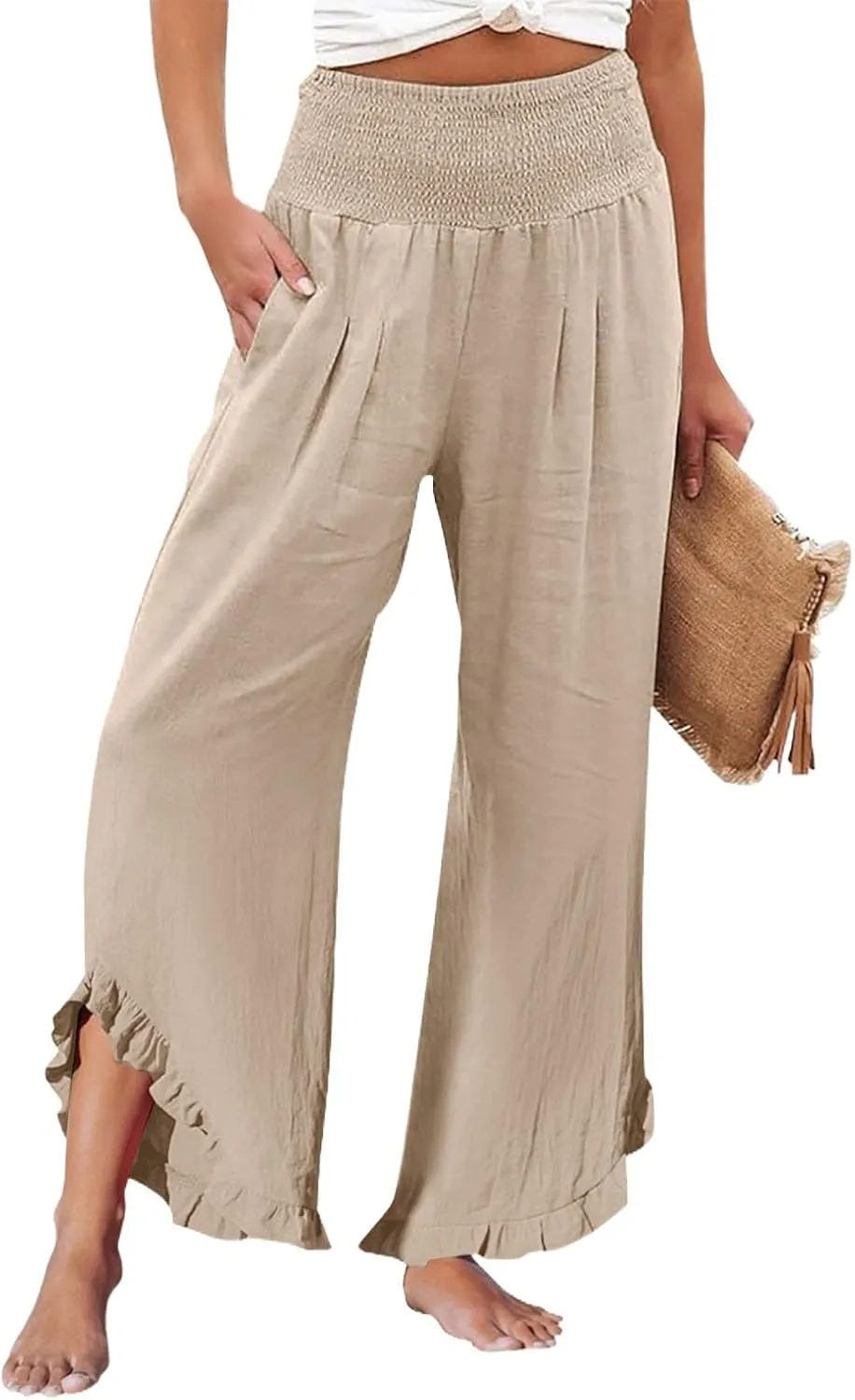 Linen Cotton Cargo Pants Slit Baggy Waist,Women's Sweatpants Casual, High Waisted Straight Leg Work