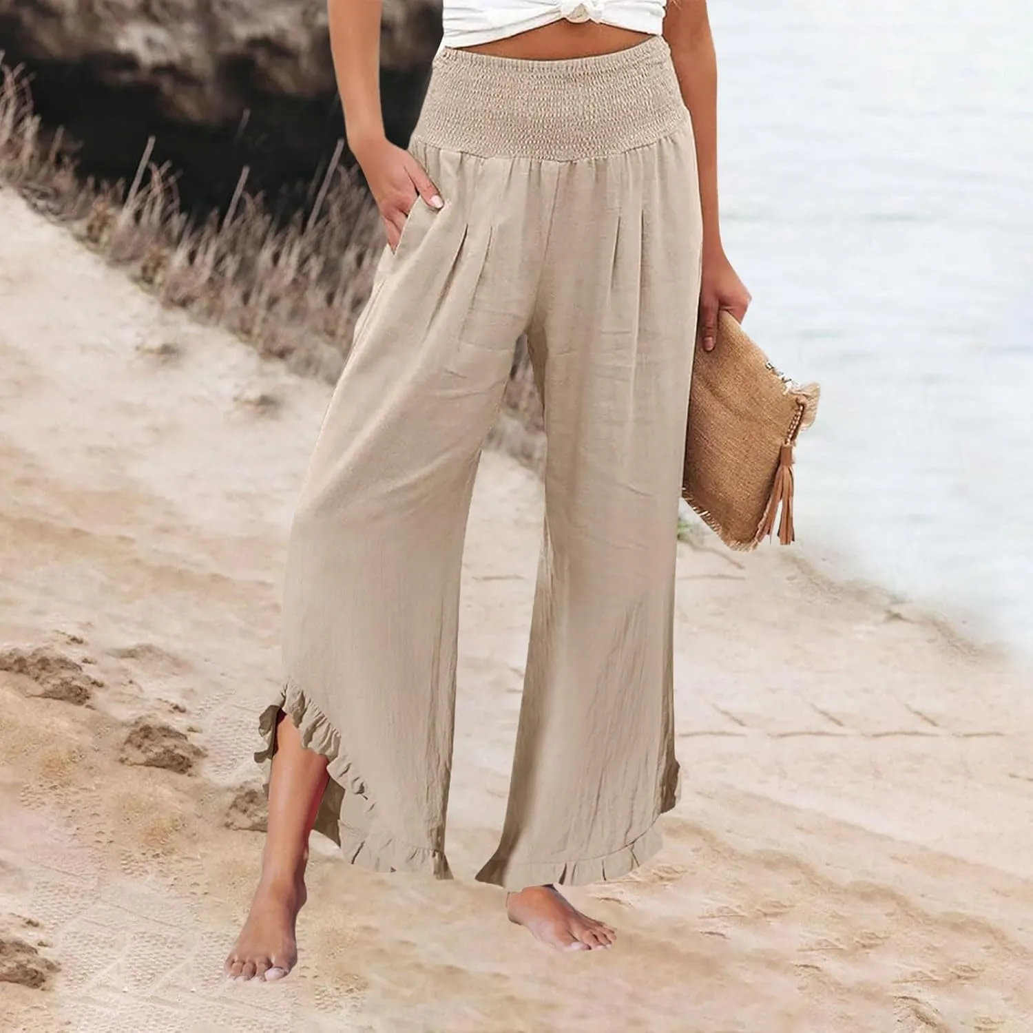 Linen Cotton Cargo Pants Slit Baggy Waist,Women's Sweatpants Casual, High Waisted Straight Leg Work
