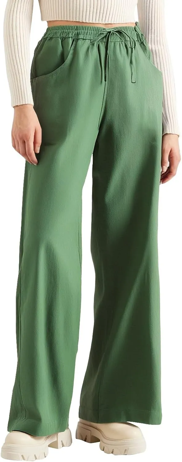 Linen Cotton Cargo Pants Trousers High Waisted Straight Leg Summer, Pull On Pants for Women Dressy Palazzo