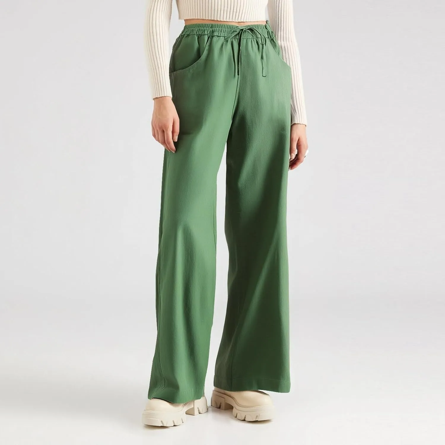 Linen Cotton Cargo Pants Trousers High Waisted Straight Leg Summer, Pull On Pants for Women Dressy Palazzo