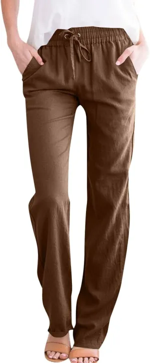 Linen Pants for Women Cargo Cotton Wide Leg Summer Trousers with Pockets, Travel Pants Women Petite High Waisted