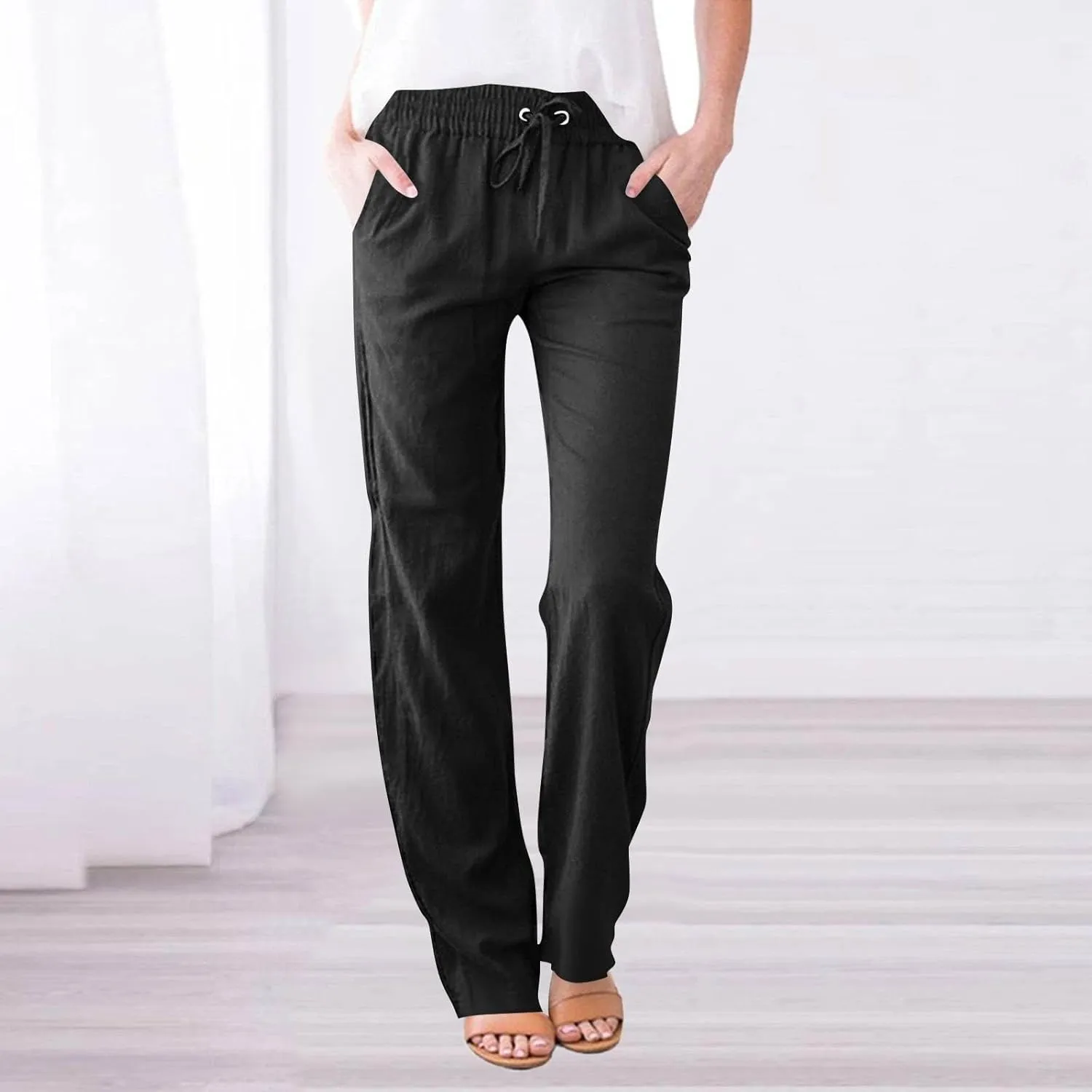 Linen Pants for Women Cargo Cotton Wide Leg Summer Trousers with Pockets, Travel Pants Women Petite High Waisted