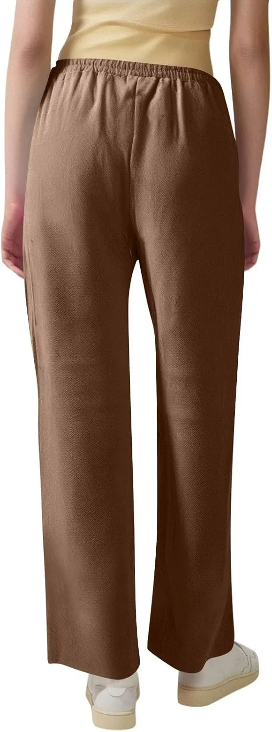Linen Pants for Women Cargo Cotton Wide Leg Summer Trousers with Pockets, Travel Pants Women Petite High Waisted