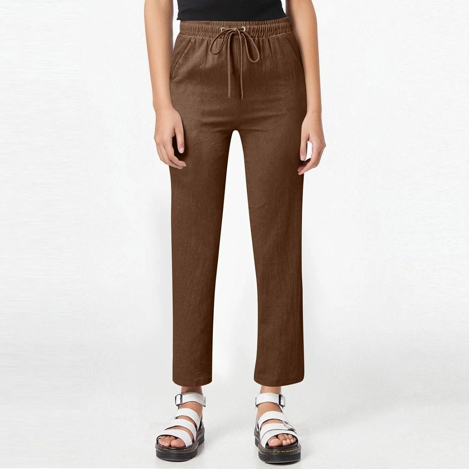Linen Pants for Women Cargo Cotton Wide Leg Summer Trousers with Pockets, Travel Pants Women Petite High Waisted