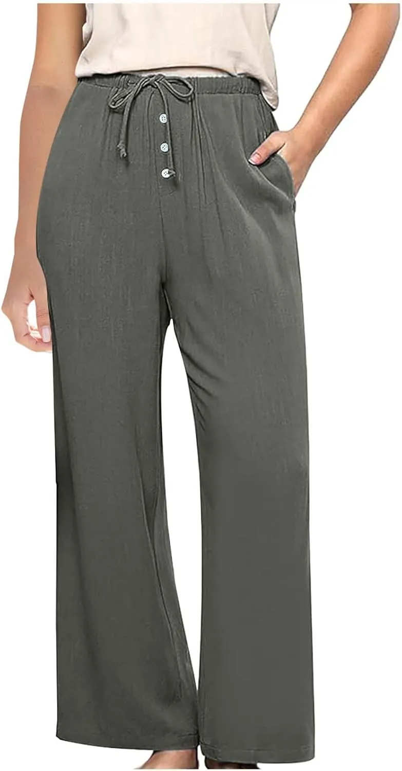 Linen Pants for Women,Wwomens Casual Summer 2025 Drawstring Elastic High Waist Pant Comfy Solid Wide Leg Trouser