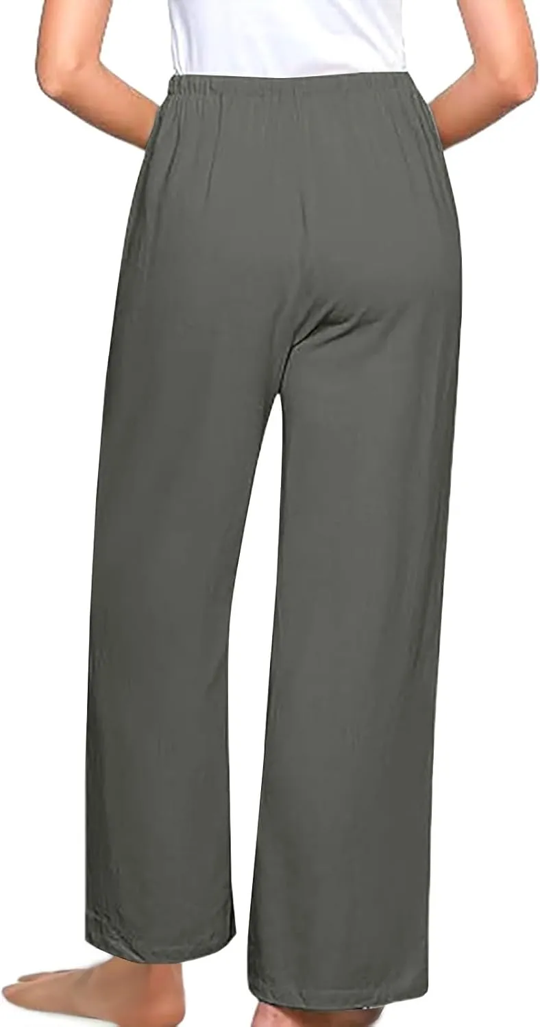Linen Pants for Women,Wwomens Casual Summer 2025 Drawstring Elastic High Waist Pant Comfy Solid Wide Leg Trouser