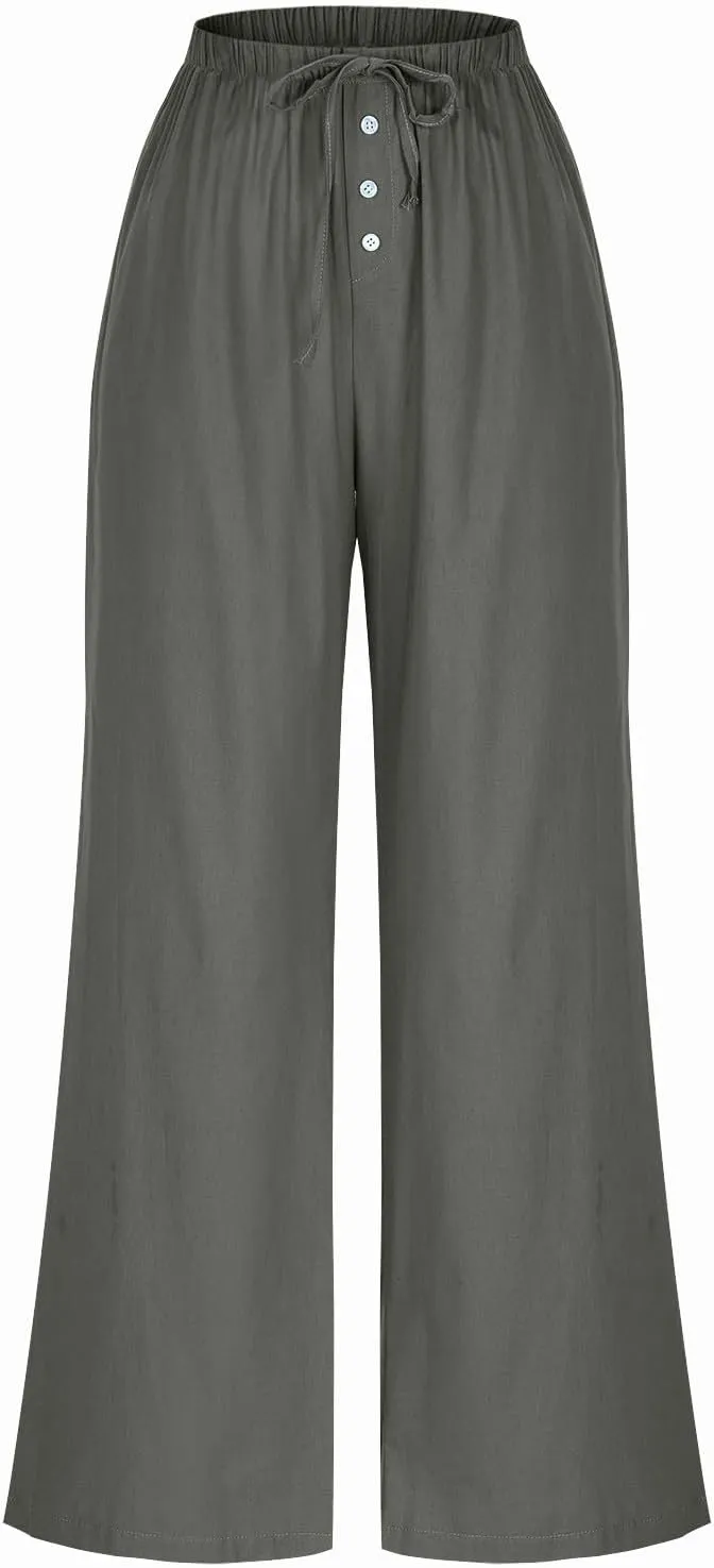 Linen Pants for Women,Wwomens Casual Summer 2025 Drawstring Elastic High Waist Pant Comfy Solid Wide Leg Trouser