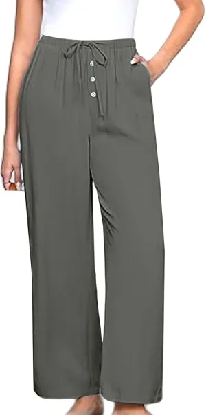 Linen Pants for Women,Wwomens Casual Summer 2025 Drawstring Elastic High Waist Pant Comfy Solid Wide Leg Trouser