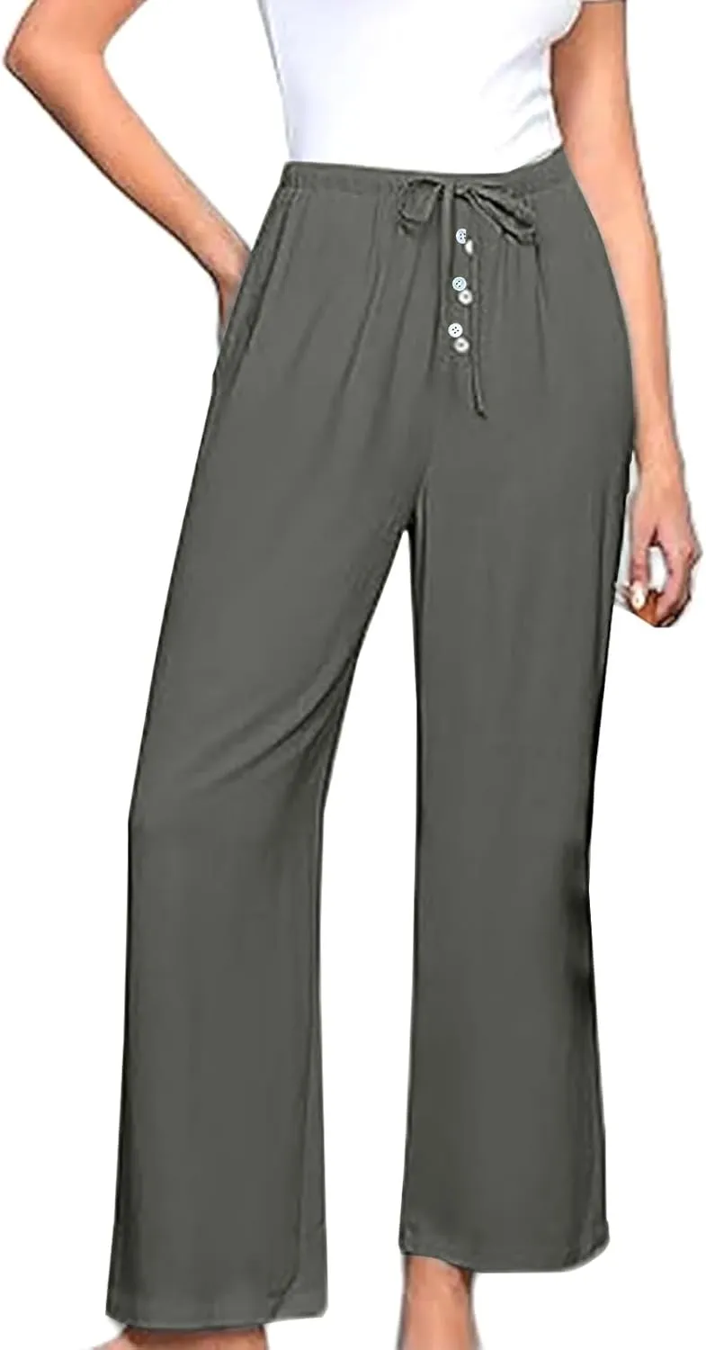 Linen Pants for Women,Wwomens Casual Summer 2025 Drawstring Elastic High Waist Pant Comfy Solid Wide Leg Trouser