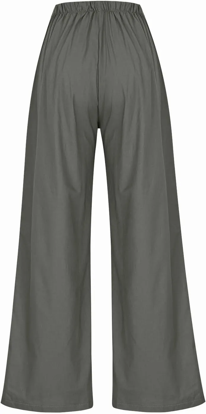 Linen Pants for Women,Wwomens Casual Summer 2025 Drawstring Elastic High Waist Pant Comfy Solid Wide Leg Trouser
