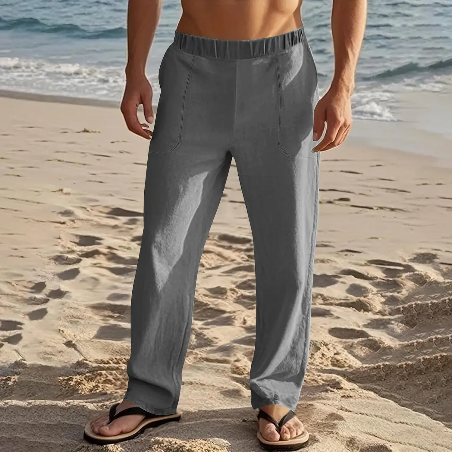 Linen Pants Men Casual Drawstring Loose Fit Beach Summer Pants with Pockets Lightweight Comfy Yoga Trousers