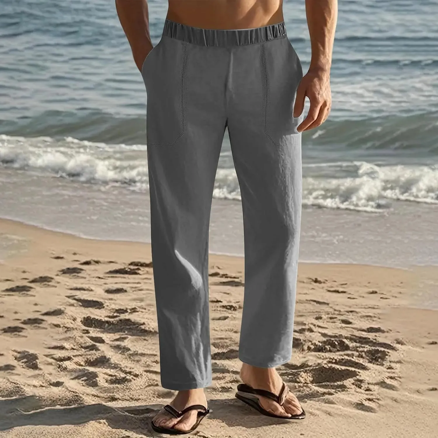 Linen Pants Men Casual Drawstring Loose Fit Beach Summer Pants with Pockets Lightweight Comfy Yoga Trousers