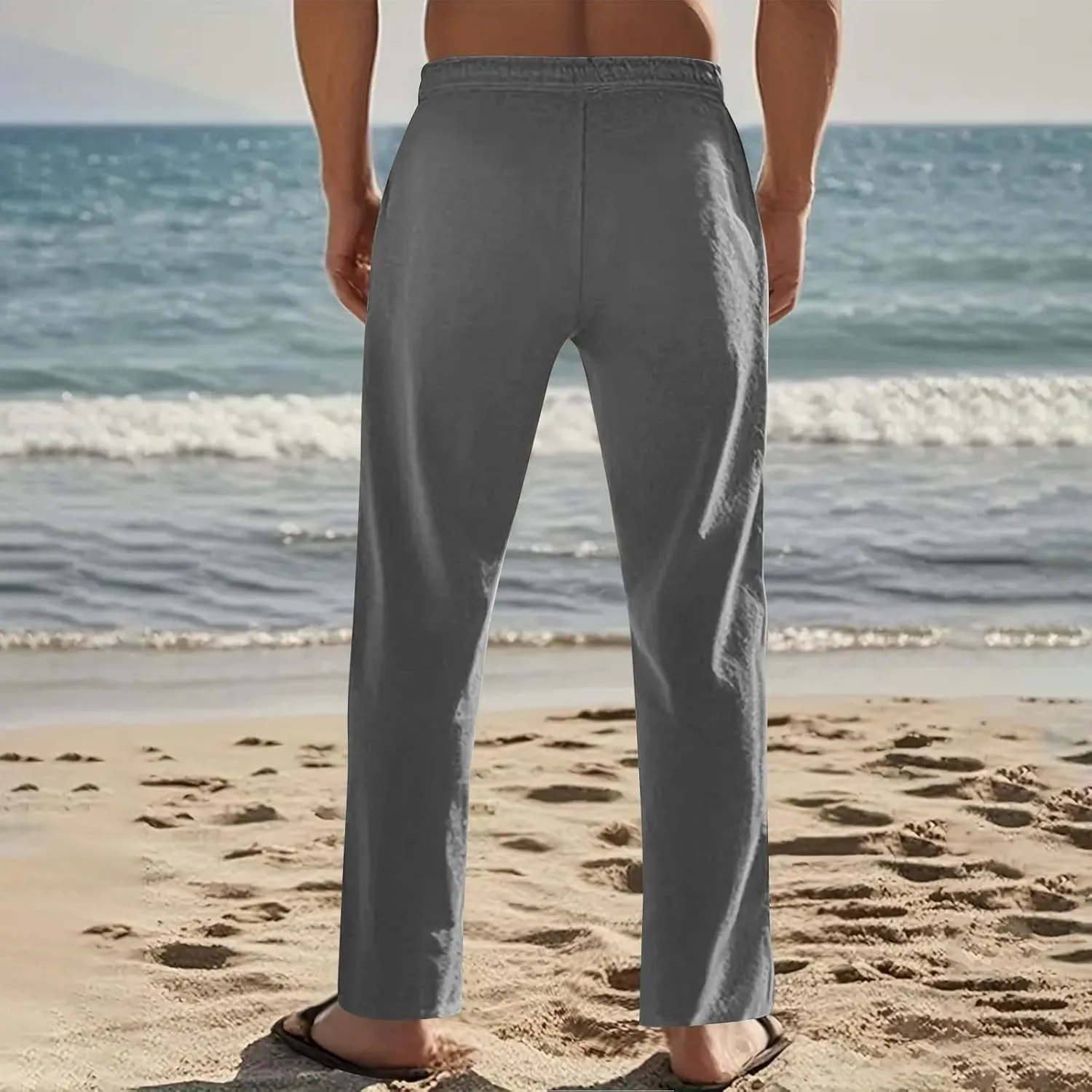 Linen Pants Men Casual Drawstring Loose Fit Beach Summer Pants with Pockets Lightweight Comfy Yoga Trousers