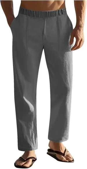 Linen Pants Men Casual Drawstring Loose Fit Beach Summer Pants with Pockets Lightweight Comfy Yoga Trousers