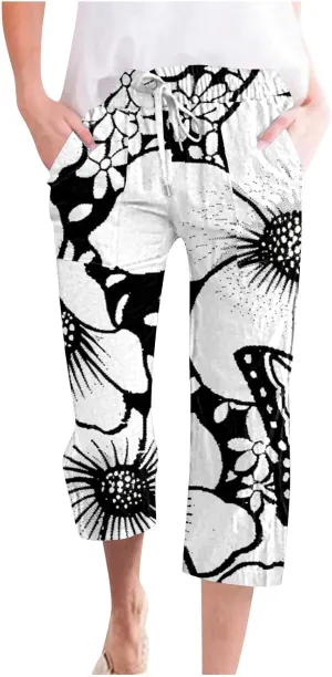 Linen Pants Women Capri Summer High Waisted 3/4 Length Petite Ethnic Print Boho Wide Leg Cotton Linen Cropped Pants