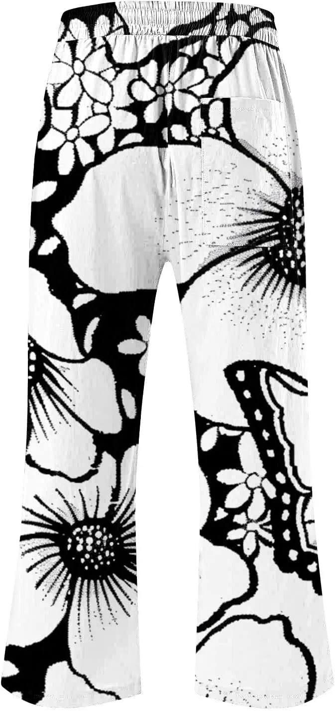 Linen Pants Women Capri Summer High Waisted 3/4 Length Petite Ethnic Print Boho Wide Leg Cotton Linen Cropped Pants