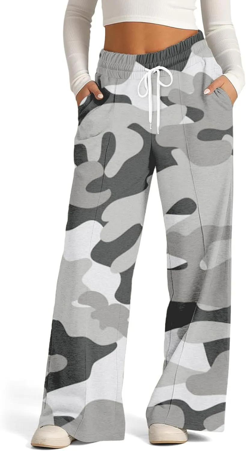 Linen Pants Women Summer Straight Wide Leg Womens Sweatpants with Pockets Pants for Women Elastic High Waisted