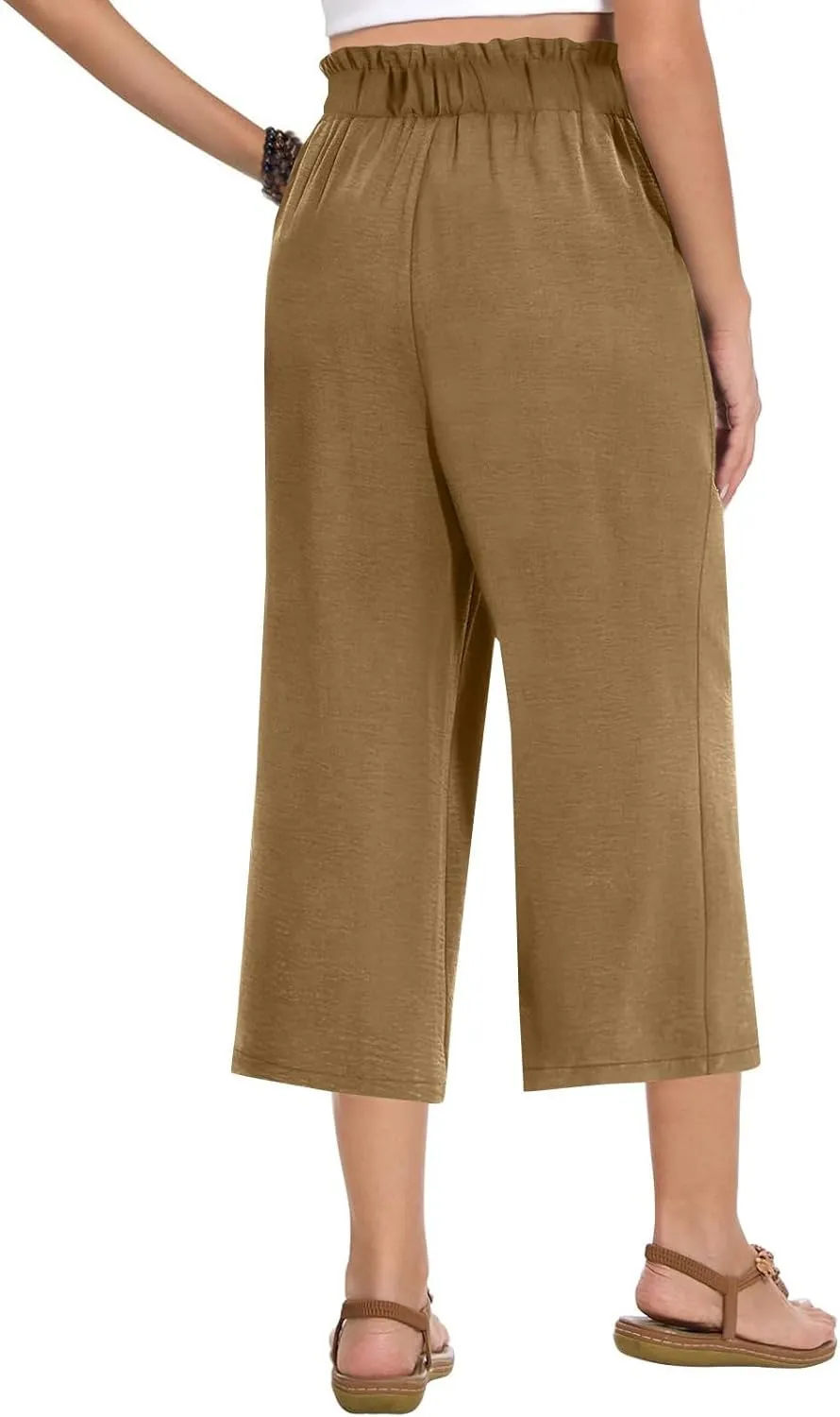 Linen Pants Women Summer Wide Leg Capri Pants High Waisted Capris Loose Palazzo Pant Cropped Trousers