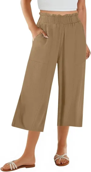 Linen Pants Women Summer Wide Leg Capri Pants High Waisted Capris Loose Palazzo Pant Cropped Trousers