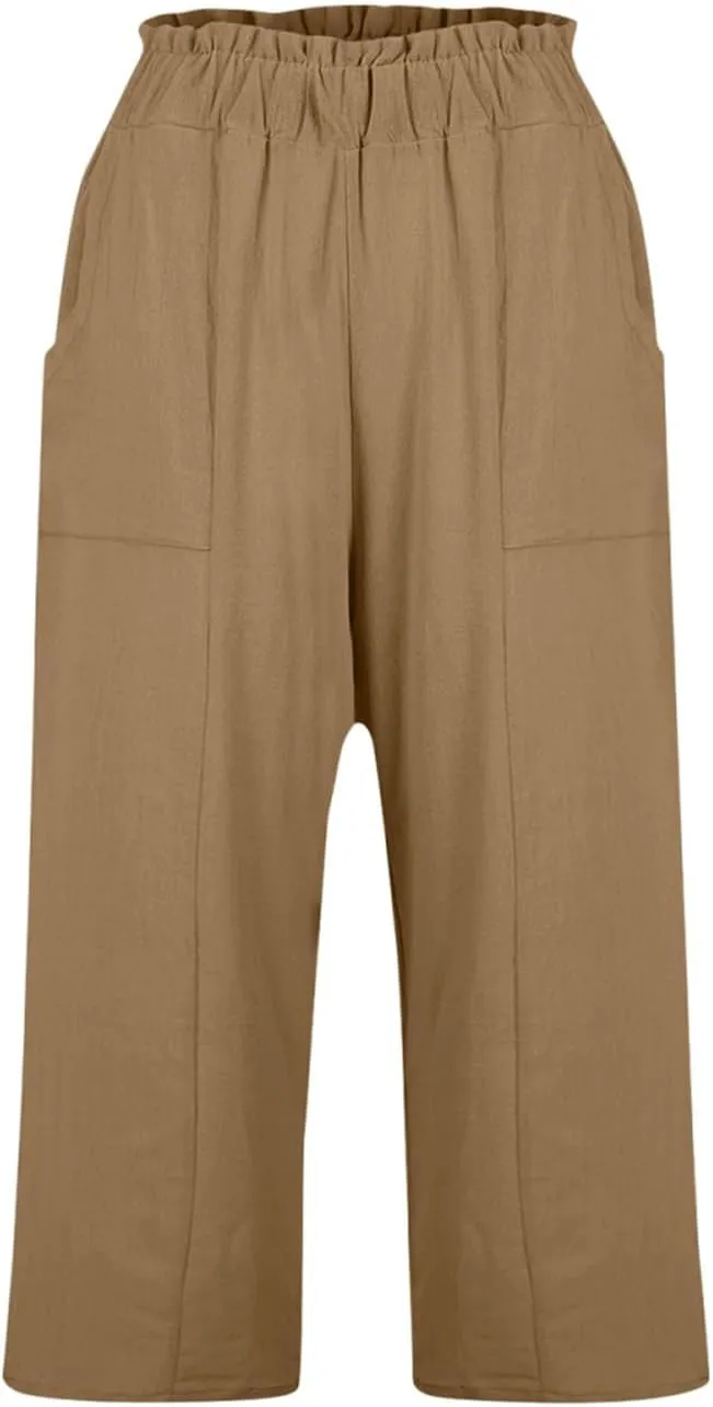 Linen Pants Women Summer Wide Leg Capri Pants High Waisted Capris Loose Palazzo Pant Cropped Trousers