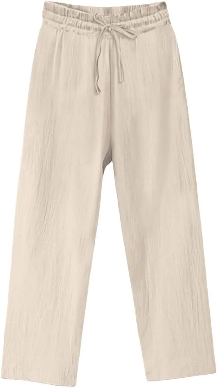 Linen Pants Women Tall Elastic High Waisted Pants for Women Cotton Womens Sweatpants with Pockets Straight Wide Leg