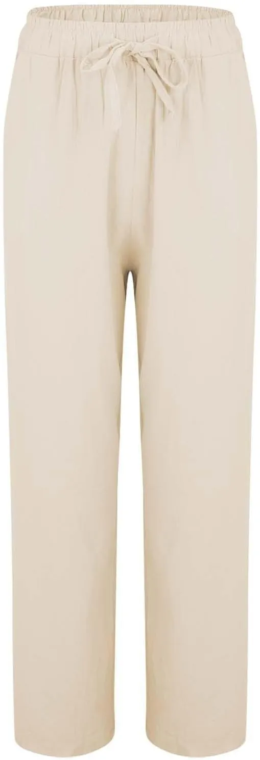 Linen Pants Women Tall Elastic High Waisted Pants for Women Cotton Womens Sweatpants with Pockets Straight Wide Leg