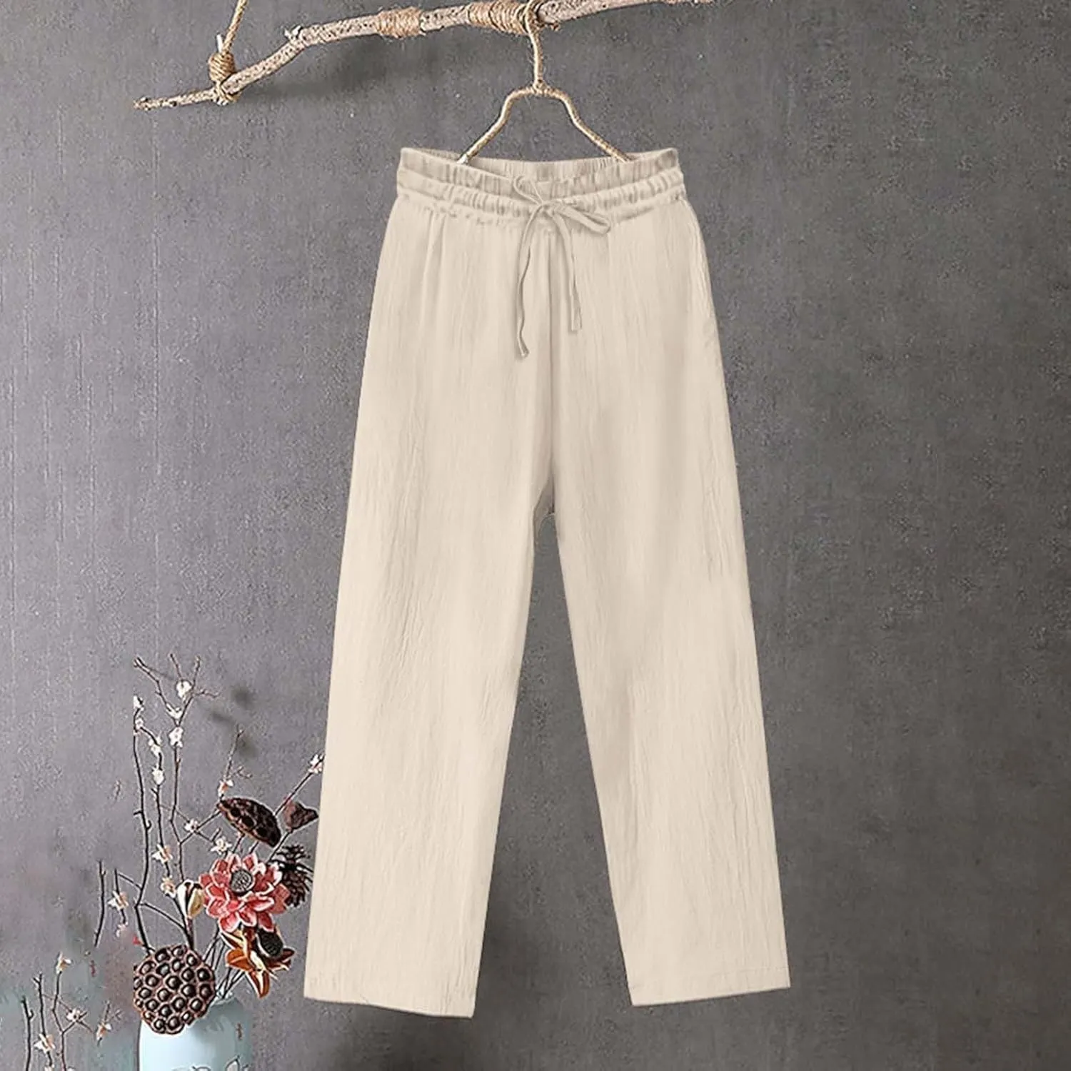 Linen Pants Women Tall Elastic High Waisted Pants for Women Cotton Womens Sweatpants with Pockets Straight Wide Leg