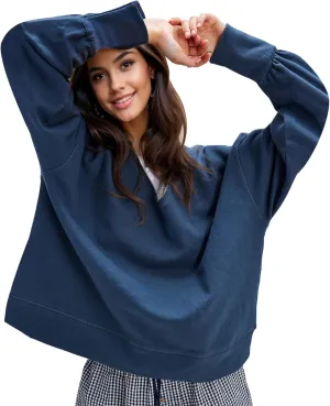 LTSCNRM Oversized Sweatshirt for Women V-Neck Long Sleeve Hoodies Trendy Pullover Outfits Lightweight Loose Casual Tops