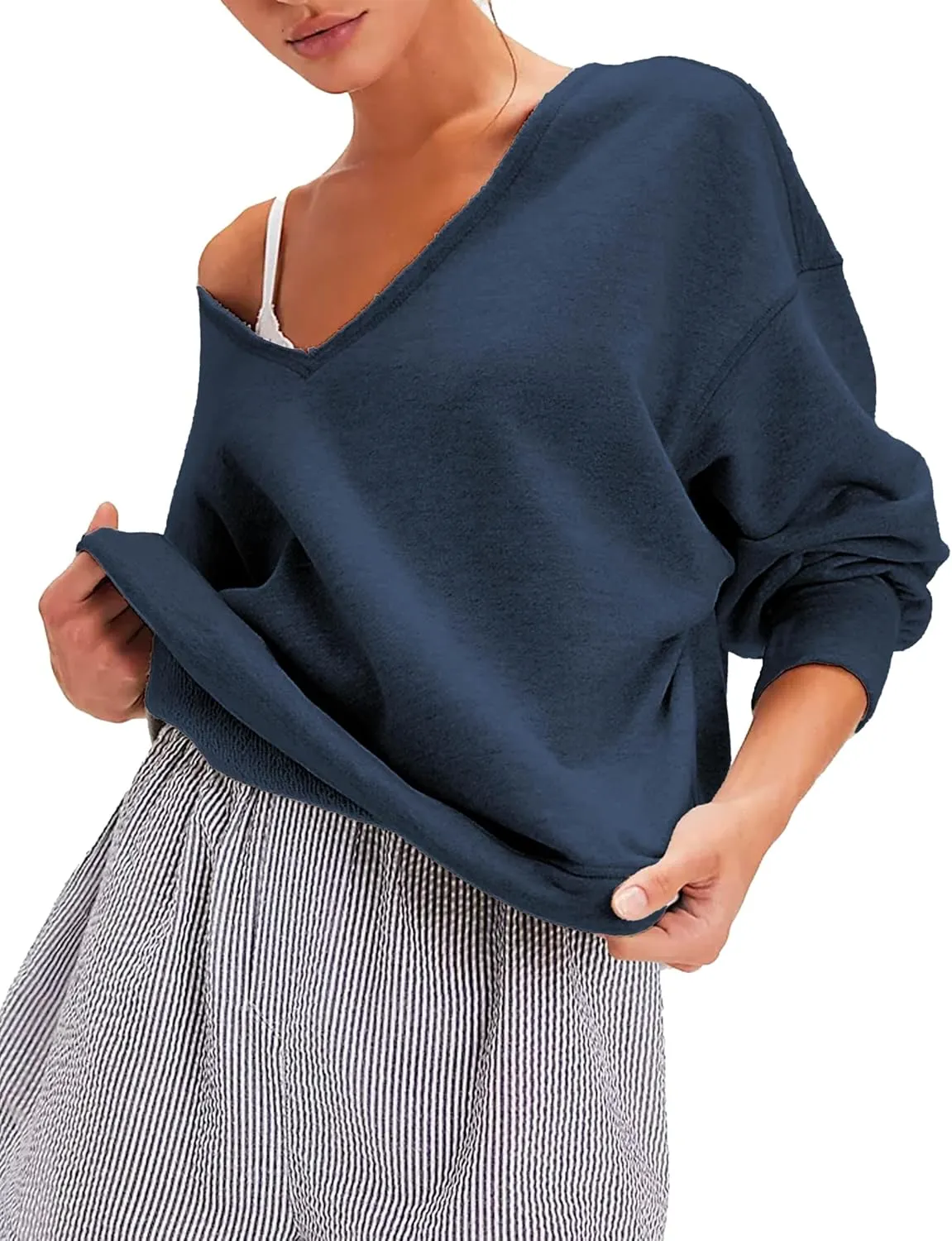 LTSCNRM Oversized Sweatshirt for Women V-Neck Long Sleeve Hoodies Trendy Pullover Outfits Lightweight Loose Casual Tops