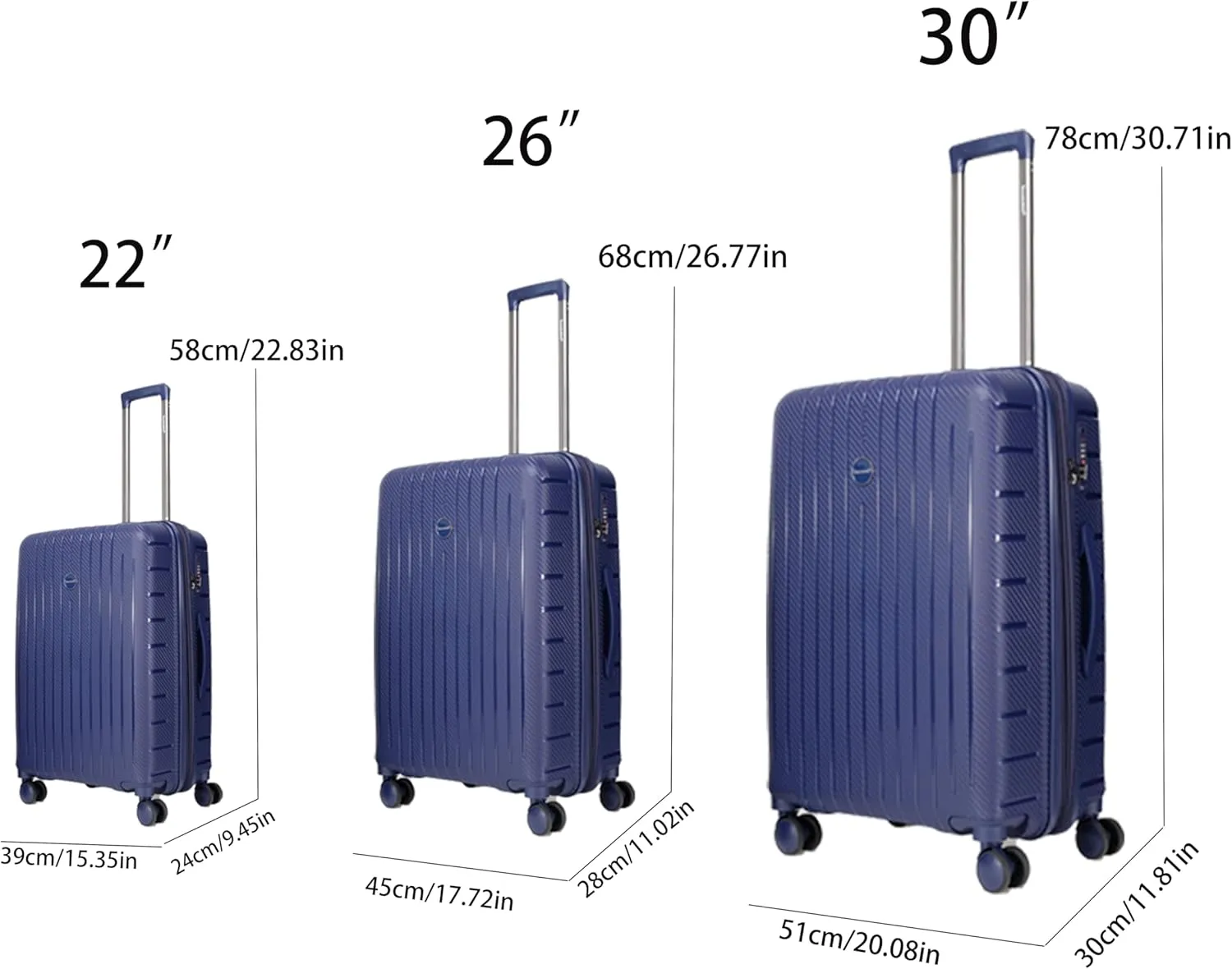 Luggage 3-piece set, made of PP durable and lightweight hard shell suitcase with universal wheels (22/26/30 in) (DARK BLUE)