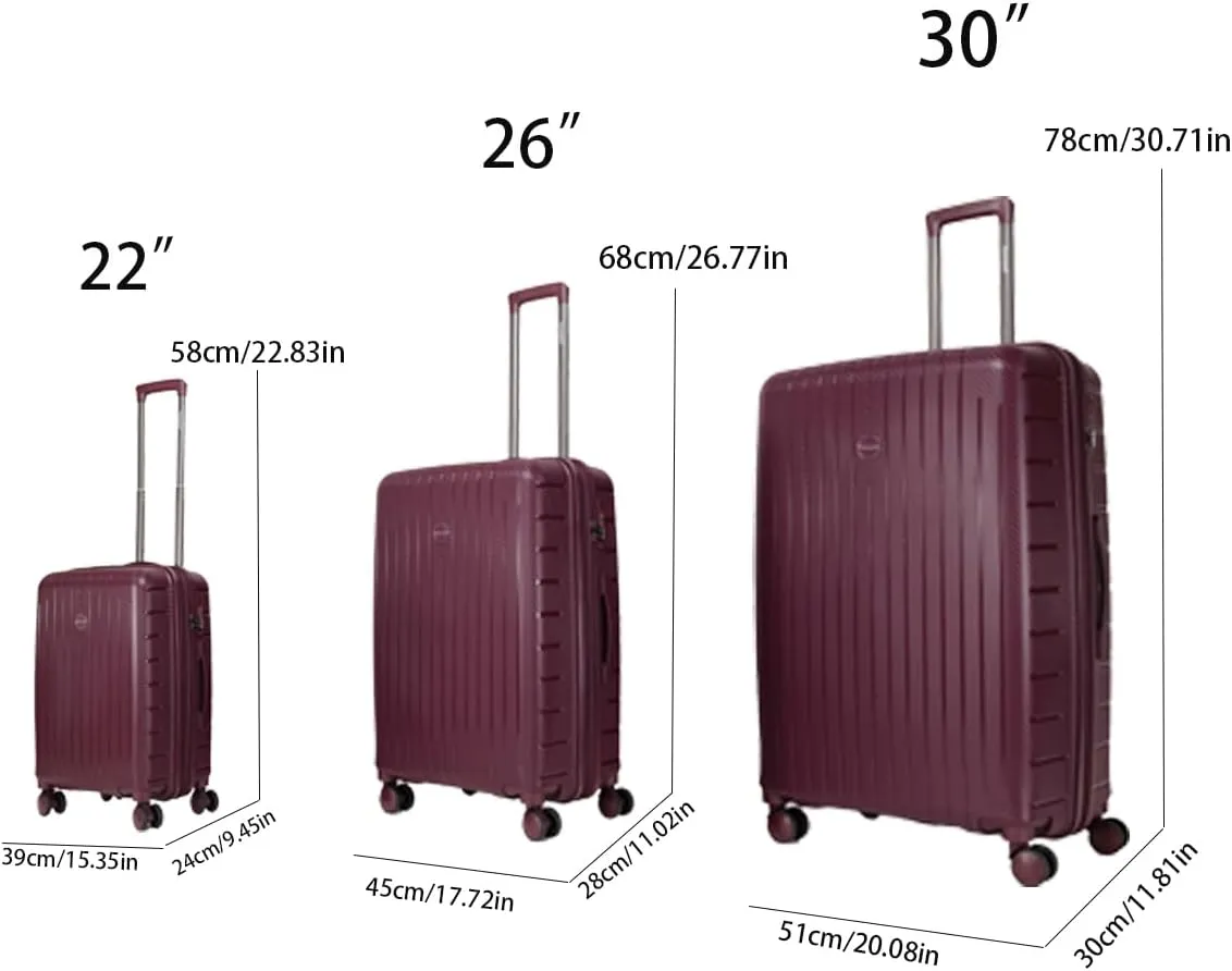 Luggage 3-piece set, made of PP durable and lightweight hard shell suitcase with universal wheels (22/26/30 in) (DARK PURPLE)