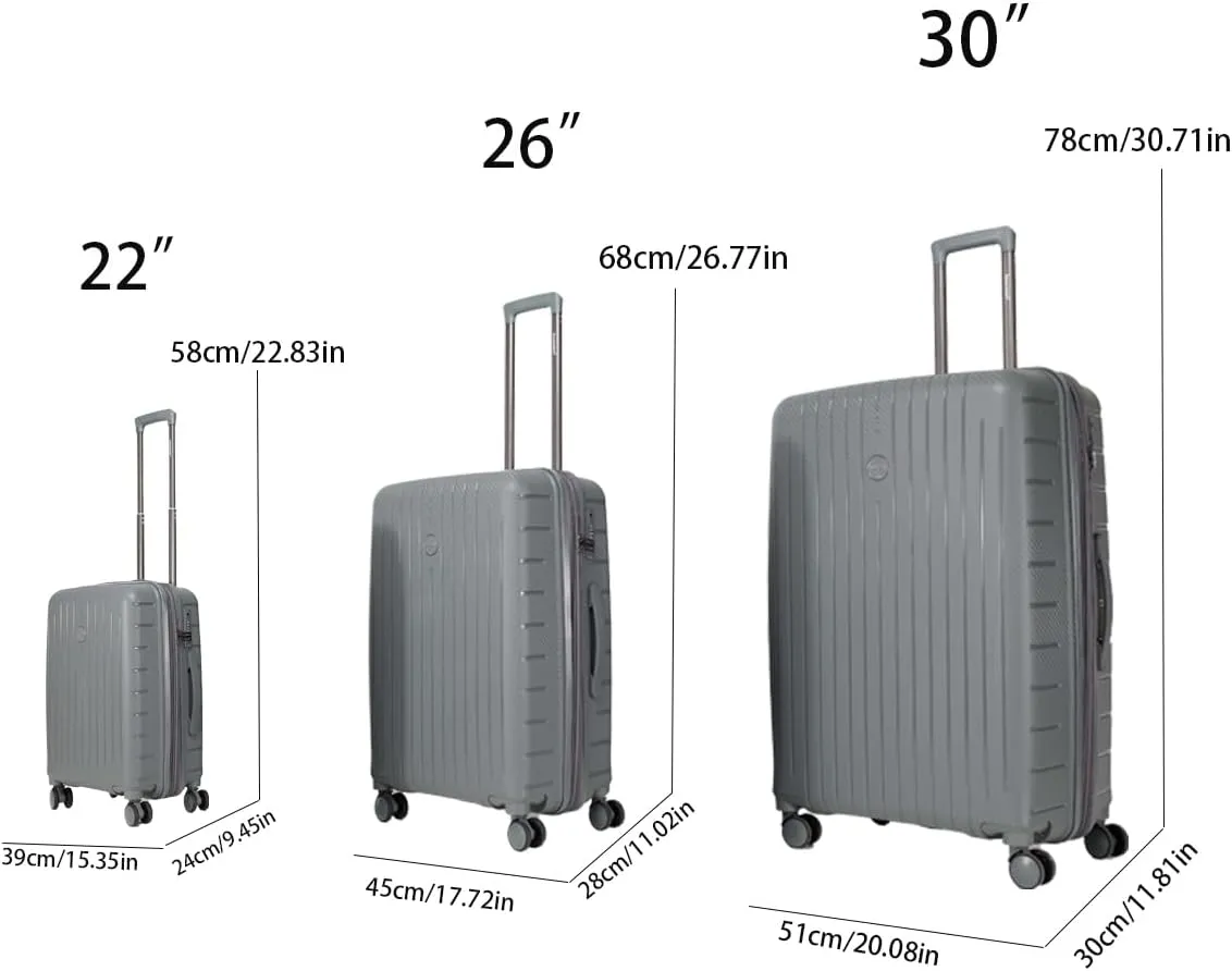 Luggage 3-piece set, made of PP durable and lightweight hard shell suitcase with universal wheels (22/26/30 in) (DEEP GREY)