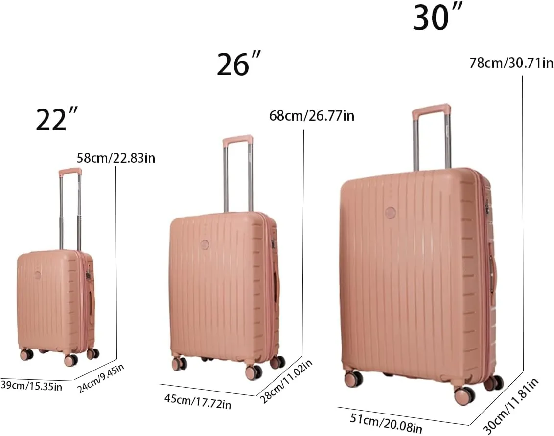 Luggage 3-piece set, made of PP durable and lightweight hard shell suitcase with universal wheels (22/26/30 in) (ROSE GOLD)