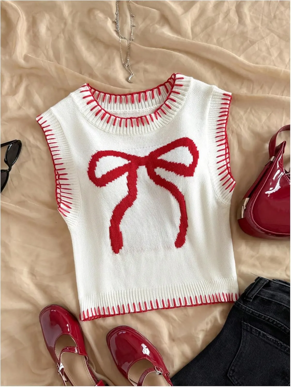 MakeMeChic Women's Bow Crew Neck Sweater Vest Sleeveless Knit Pullover Crop Tops
