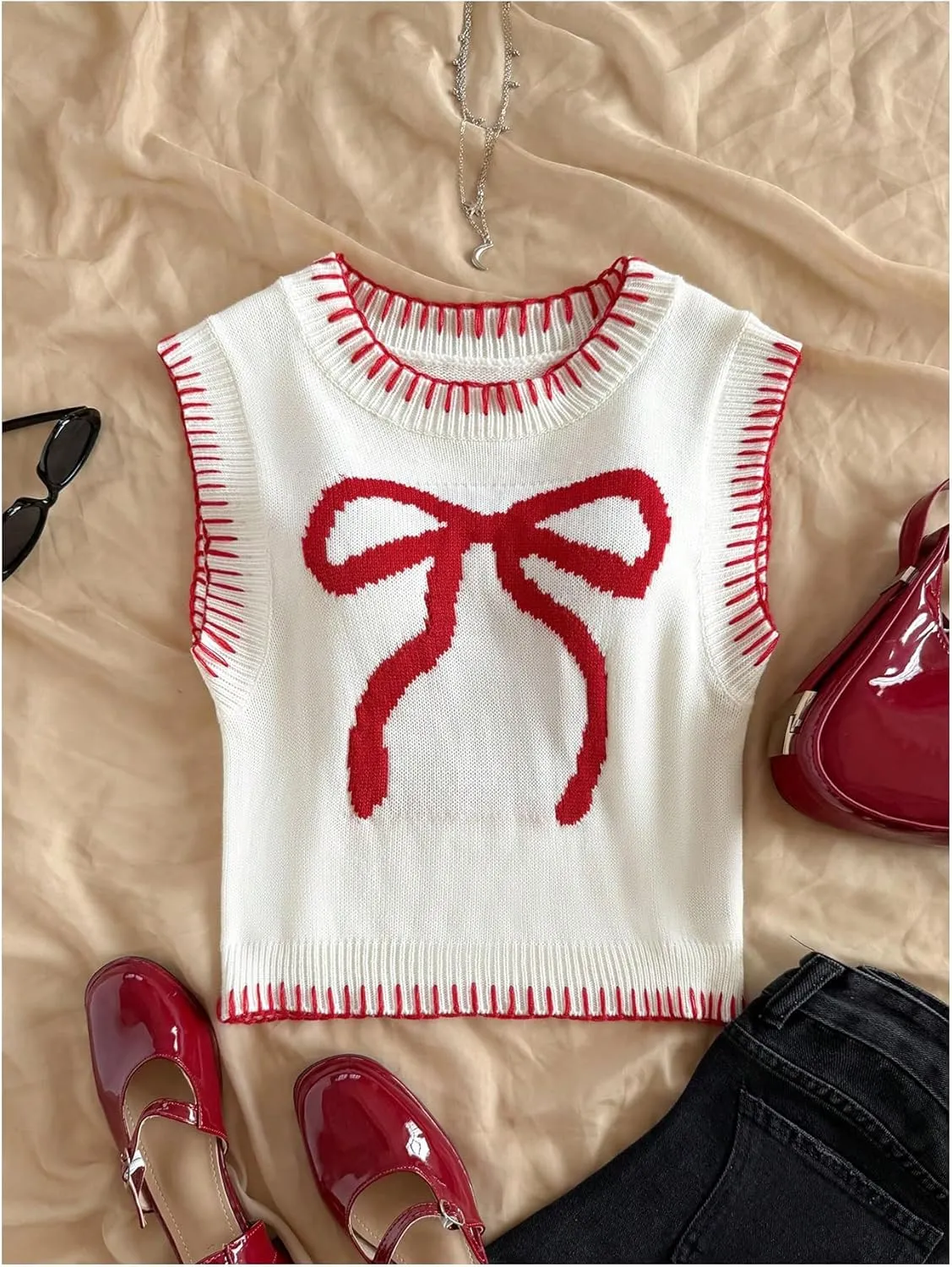 MakeMeChic Women's Bow Crew Neck Sweater Vest Sleeveless Knit Pullover Crop Tops