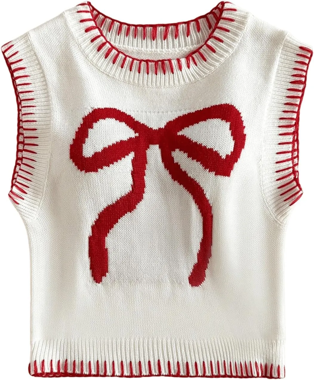 MakeMeChic Women's Bow Crew Neck Sweater Vest Sleeveless Knit Pullover Crop Tops
