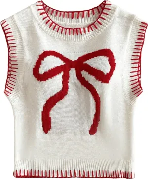 MakeMeChic Women's Bow Crew Neck Sweater Vest Sleeveless Knit Pullover Crop Tops