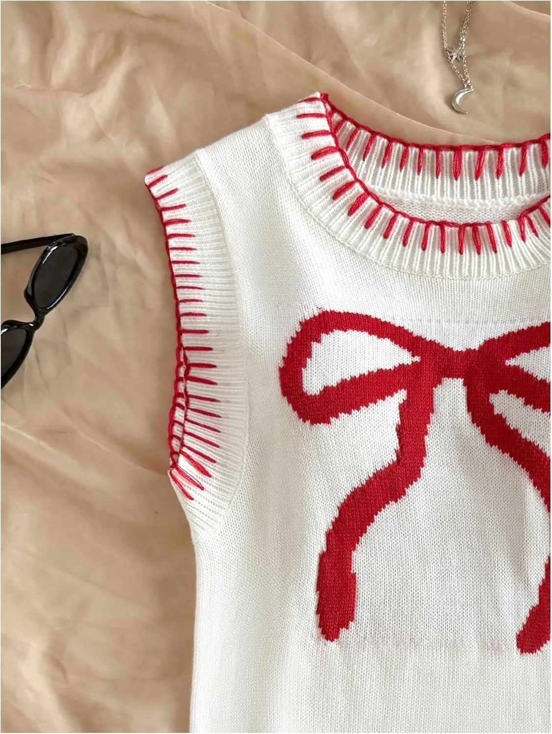 MakeMeChic Women's Bow Crew Neck Sweater Vest Sleeveless Knit Pullover Crop Tops