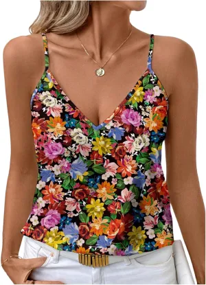 MakeMeChic Women's Floral Spaghetti Strap Camisole V Neck Sleeveless Boho Tank Tops