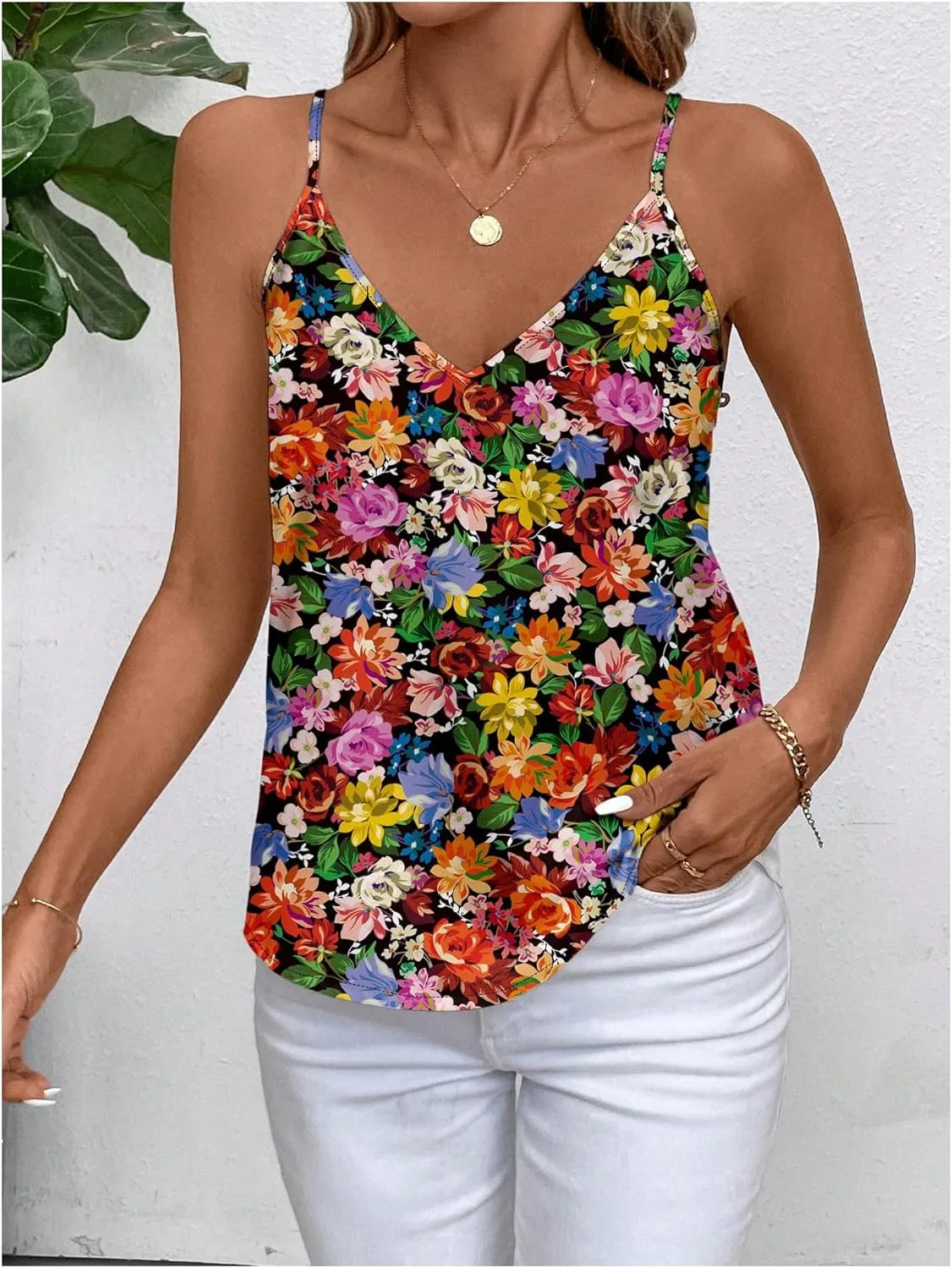 MakeMeChic Women's Floral Spaghetti Strap Camisole V Neck Sleeveless Boho Tank Tops