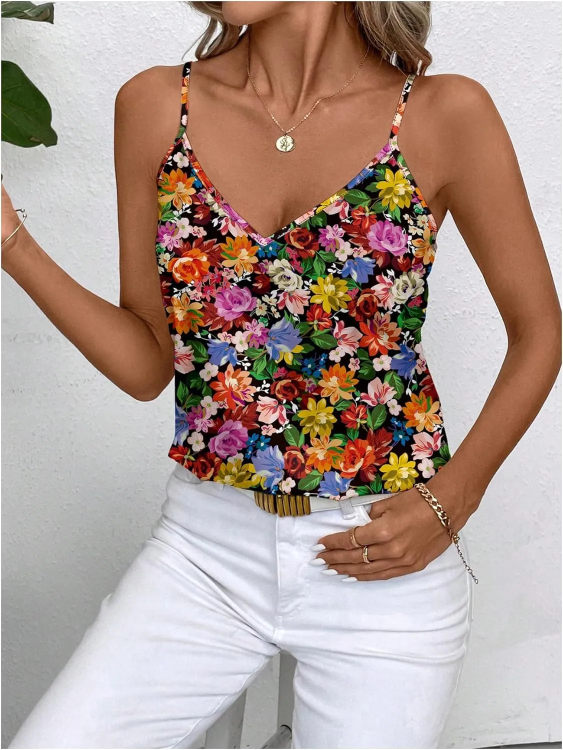 MakeMeChic Women's Floral Spaghetti Strap Camisole V Neck Sleeveless Boho Tank Tops