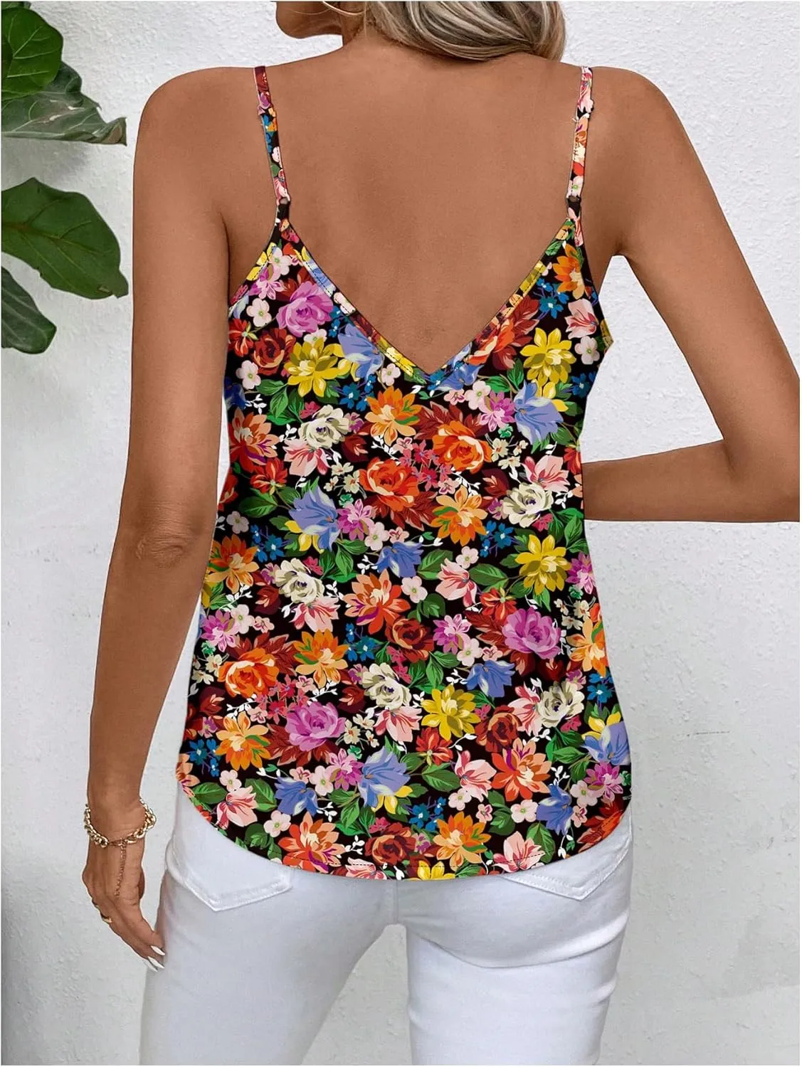 MakeMeChic Women's Floral Spaghetti Strap Camisole V Neck Sleeveless Boho Tank Tops