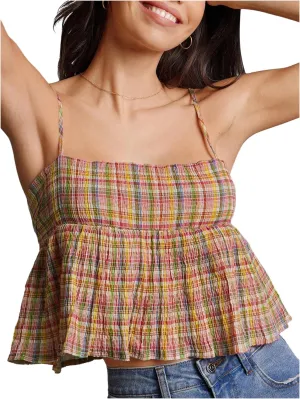 MakeMeChic Women's Plaid Spaghetti Strap Camisole Ruffle Hem Sleeveless Y2k Crop Tops